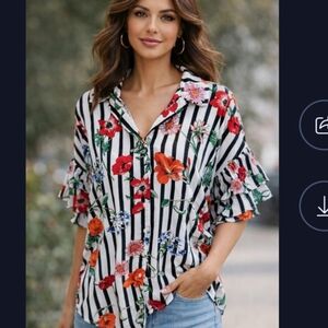 Umgee Blouse Size M Button Floral Layered Sleeves Rayon